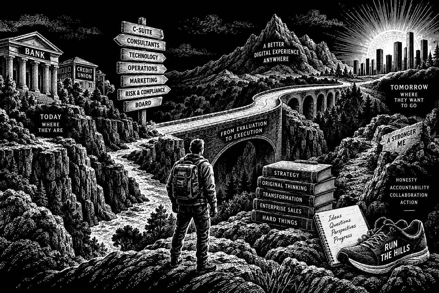 A journey from evaluation to execution: a bridge spanning a chasm from today's bank to tomorrow's digital experience